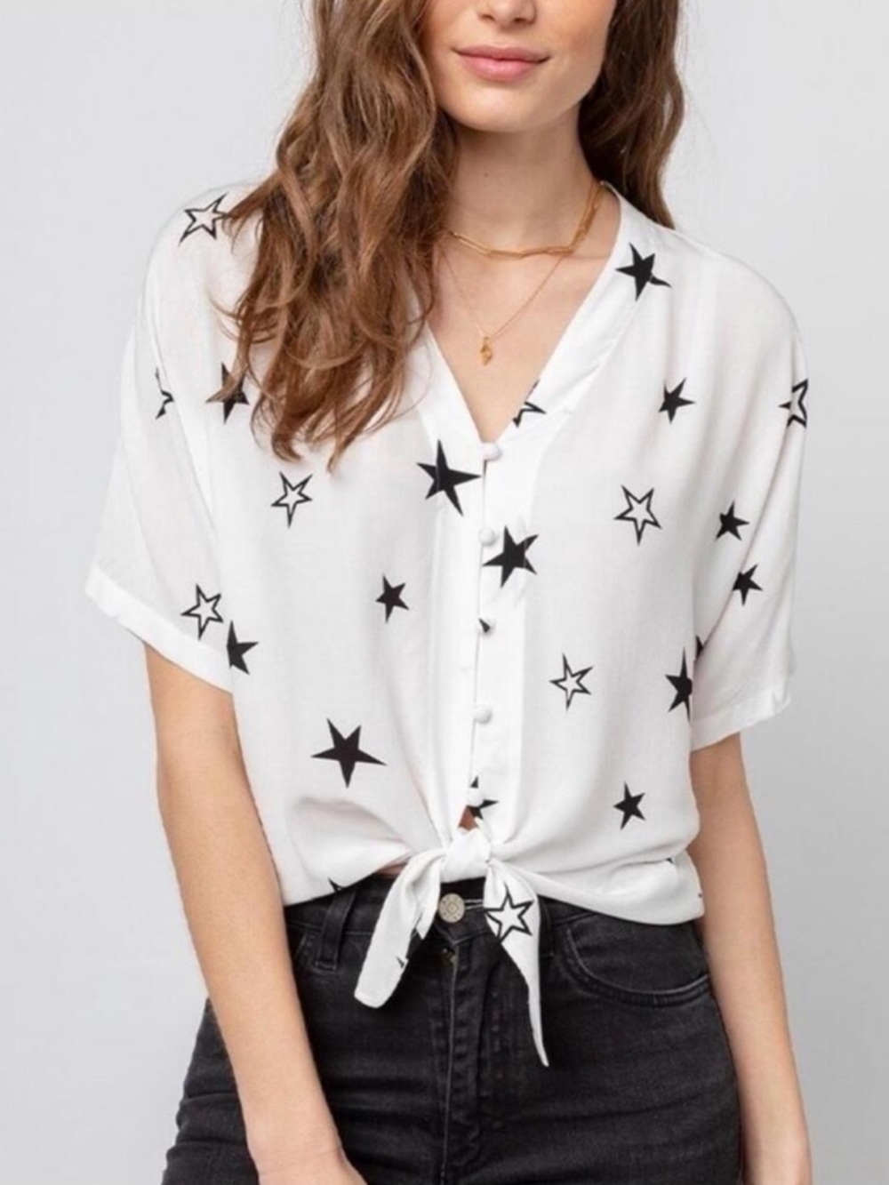 RAILS Thea Short Sleeve Top Women's XS Star Print Tie Waist V-Neck Plunge Blouse